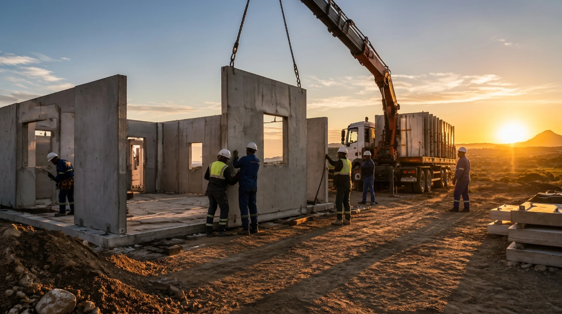 Crew lifting precast concrete wall panels into place with a crane truck